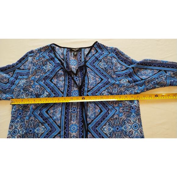 Nine West Blue/Black & white semi sheer Tunic Blouse neck tassel size Large - Picture 8 of 11